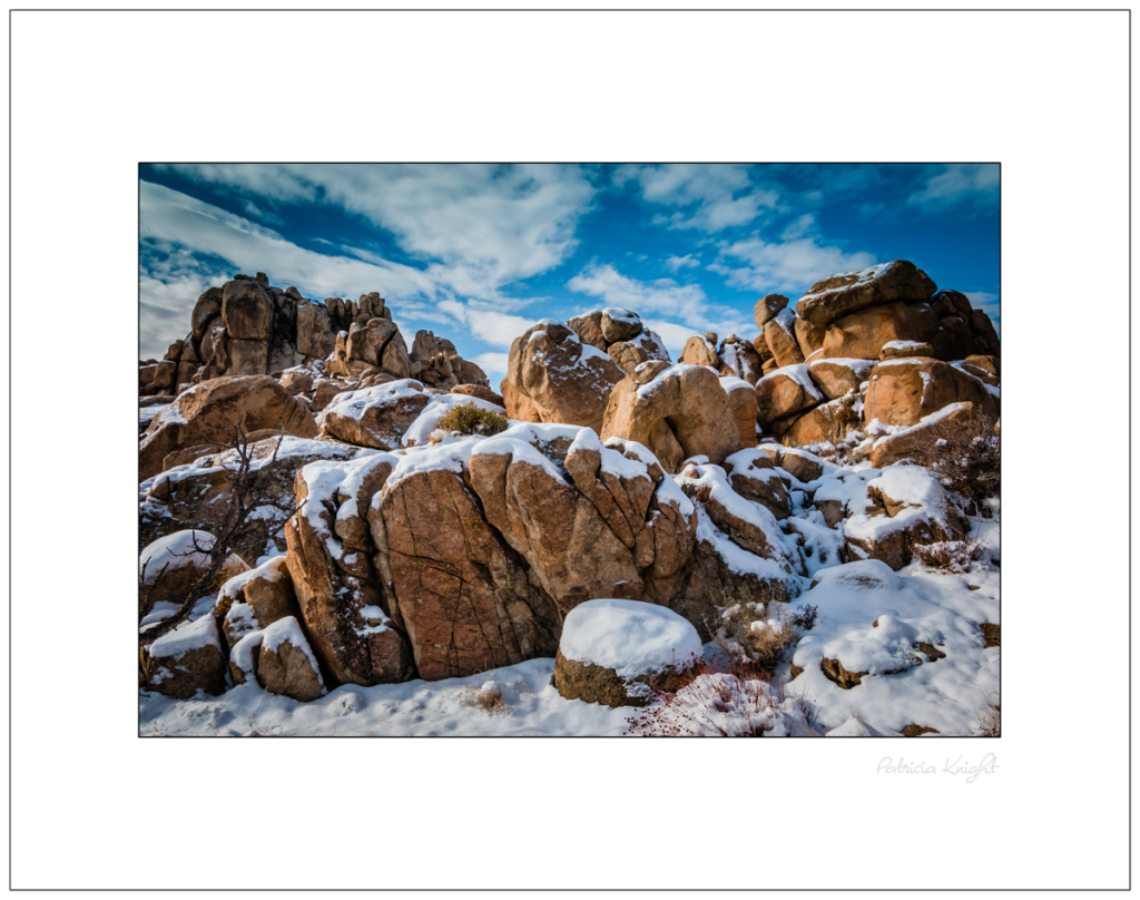 snow covered boulders in JTNP